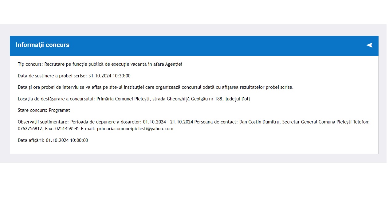 Informații suplimentare concurs inspector contabil Primăria Comunei Pielești